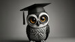 © Riteek - A 3D cute cartoon style portrait of a shy, bespectacled owl character with a graduation cap, large eyes, and a warm, inviting smile, set against a simple background