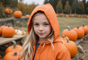 a young caucasian girl with long blonde hair wearing a orange hooded jacket, standing in front of pumpkin halloween patch