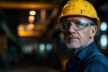  Middle-aged man in a steel plant, equipped with safety glasses and a yellow helmet, posing with a blurred industrial environment behind. Emphasizes professionalism and safety.