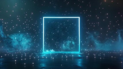 Wall Mural - 3d animation of abstract stars illuminated with neon turquoise light square on dark background