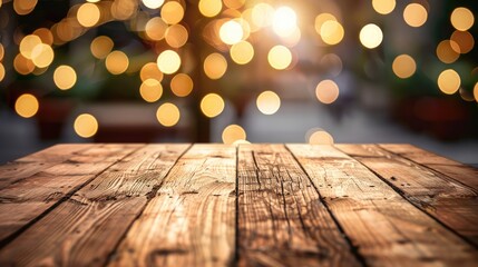 Wall Mural - Blank vintage wooden table in front of blurred festive background for product display opportunity