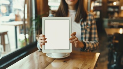 Poster - A woman is holding a tablet with a white screen in front of her