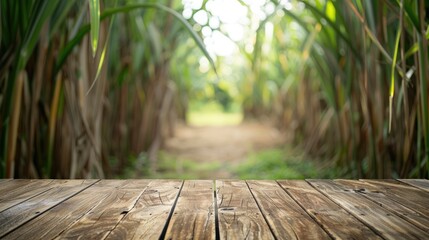 Poster - Blurred sugarcane plantation background against empty wooden table. Exciting picture.