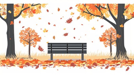 Wall Mural - Autumn Park Bench with Falling Leaves - Nature Scenery Illustration