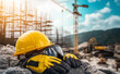 © Curioso.Photography - Construction site with a hard hat, gloves, and safety glasses placed on rocks, with cranes and scaffolding in the background.