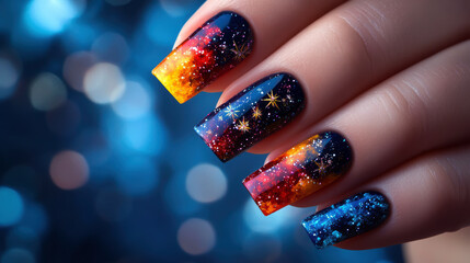 Poster - A hand with a blue, orange, and yellow manicure with stars on it. The nails are painted in a gradient of colors, with the blue being the darkest and the orange being the lightest