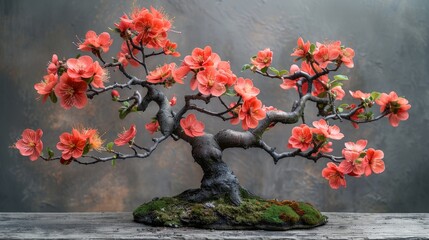 Wall Mural - Dogwood bonsai with white blossoms and smooth leaves, styled in an artistic manner against a plain backdrop