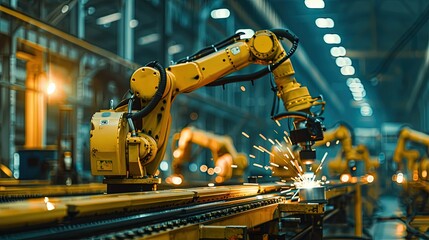 Industrial robotic arm welding metal pipes in a factory setting during the day