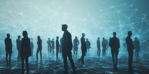 A group of business people standing in silhouette against the backdrop of digital network connections, symbolizing interconnectedness and global connectivity