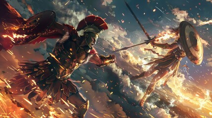 Two armored warriors engage in combat under a vibrant, fiery sky at dusk