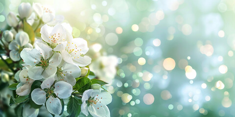 Wall Mural - Spring background with blooming apple tree flowers and a blurred bokeh light