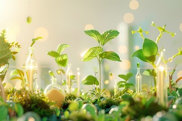 A vibrant green landscape showcasing small plants and scientific glassware, symbolizing growth and environmental awareness.