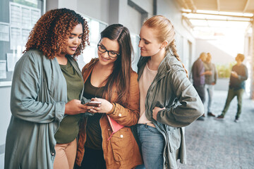 Sticker - Girl, students and friends with communication or smartphone for networking, social media or academy website. Female people, online and conversation on university campus with diversity and scholarship