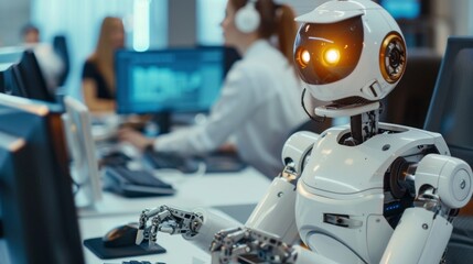 Poster - A robot is sitting in front of a computer monitor