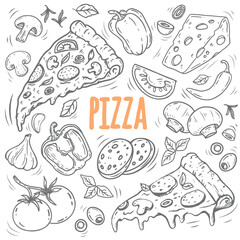 hand drawn vector set of pizza. Set of pizza ingredients in doodle style isolated. Design on white background for for menus, pizzerias, restaurants, banners, markets. Vector illustration