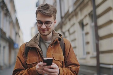 Man in brown jacket using phone smiles in city street