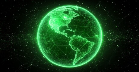 Poster - Abstract dark background with green energy spheres and waves of magical glowing