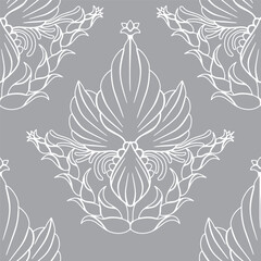 Wall Mural - Seamless white outlined modern Damask pattern on a gray background. Monochrome folk floral abstract repeat background.