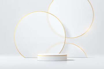 Wall Mural - realistic white 3d cylindrical podium background with floating overlap circles gold lines. minimalis