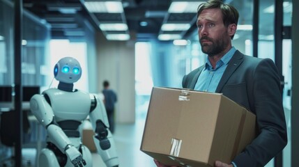 Poster - A man is holding a box while a robot stands behind him