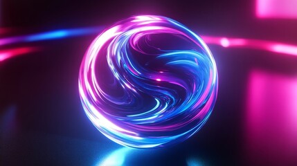 Poster - Stunning abstract neon energy sphere depicted with waves of glowing particles against a dark background.