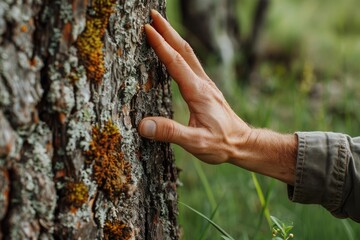 A close up of a hand touching tree bark is shown, with moss growing on it and green grass in the background. An extended arm reaches to touch an old oak trunk, symbolizing a connection