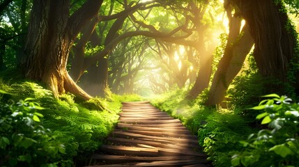 Wall Mural - Sunlit Path Through Lush Forest.