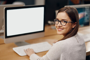 Aufkleber - Computer screen, learning and portrait of girl student in library of school for assignment or research. Education, mockup and study with happy person at college or university for future development