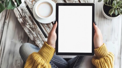 Poster - A woman is holding a tablet with a white screen
