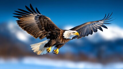 Bald eagle in flight with wings spread wide against a blue sky.