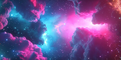 Poster - Clouds with neon colors, neon sky banner, pink, purple, red, blue clouds.