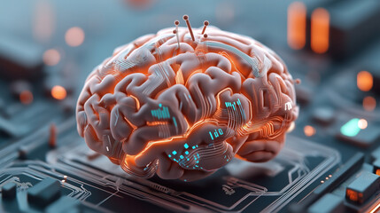 Wall Mural - Futuristic artificial brain with glowing circuits and neural pathways on a circuit board, symbolizing artificial intelligence and technology integration.