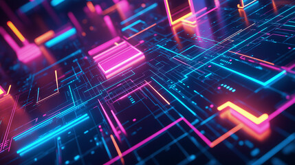 Wall Mural - Abstract digital network with interconnected glowing lines and nodes in neon blue and pink.