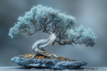 Bonsai with smooth blue-green leaves and a unique trunk, styled in an artistic manner against a plain backdrop