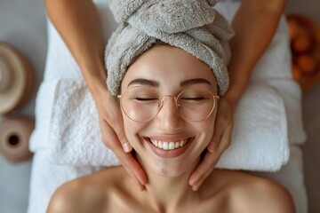 Portrait of laughing young couple wearing eyeglasses while receiving massage at spa.