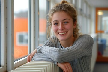 Portrait of a laughing young woman leaning on heating radiator.