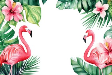 Wall Mural - Flamingos and hibiscus on a watercolor tropical border.