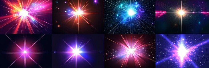 Canvas Print - Photographic camera light or sunlight reflection from the lens. Stars in space. Sets of isolated glints. Sparkle glares. Modern shimmering elements.