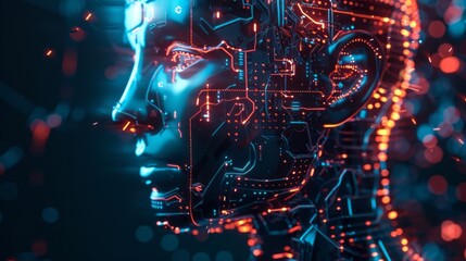 Poster - A computer generated face with a lot of circuitry and glowing red lights