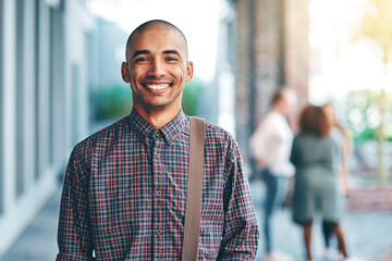 Sticker - Happy man, portrait and campus with bag at university for education, learning or outdoor break. Young male person or student with smile for academic journey, development or scholarship at college