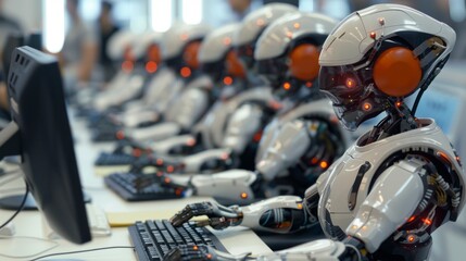 Aufkleber - A group of robots are sitting at a computer desk