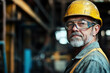 © Peter - Dedicated middle-aged worker in a steel plant, donning safety glasses and a yellow helmet, posing for a photo with a blurred factory environment. Focuses on industrial safety and professionalism.