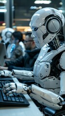 Poster - A robot is typing on a keyboard in front of a group of people