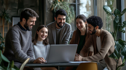 Wall Mural - Group of happy colleagues together in the office, happy cooperation with clients, business cooperation, work meeting, brainstorming	
