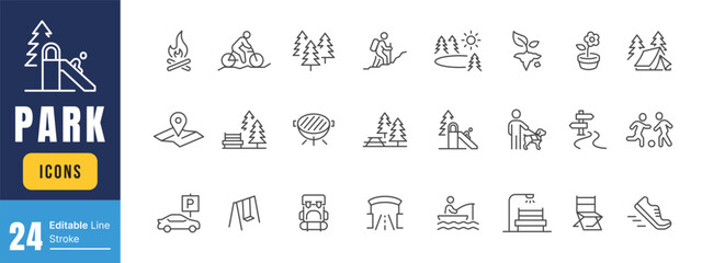 Set of Park Related Vector Line Icons. Contains such Icons as forest, barbecue, camp, bench, picnic and playground and more. Editable Stroke.