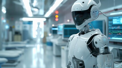 Poster - A robot is standing in a room with a computer monitor in front of it