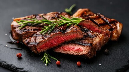 Canvas Print - Perfectly grilled beef steak with fresh rosemary, emphasizing the delicious flavors and gourmet presentation.