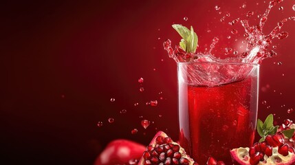 Sticker - Refreshing pomegranate juice in a glass with a splash, creating an eye-catching visual with room for text.