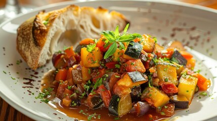 Wall Mural - A vibrant and flavorful plate of ratatouille, with a medley of roasted vegetables in a rich tomato sauce, served with crusty bread