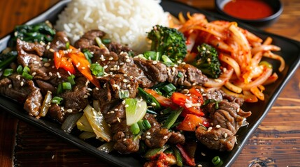 Wall Mural - A vibrant and flavorful plate of beef bulgogi, with tender marinated beef, saut?(C)ed vegetables, and a side of steamed rice